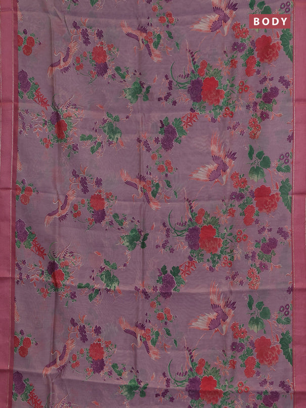Chanderi silk cotton saree lavender shade and pink with allover floral prints and woven border