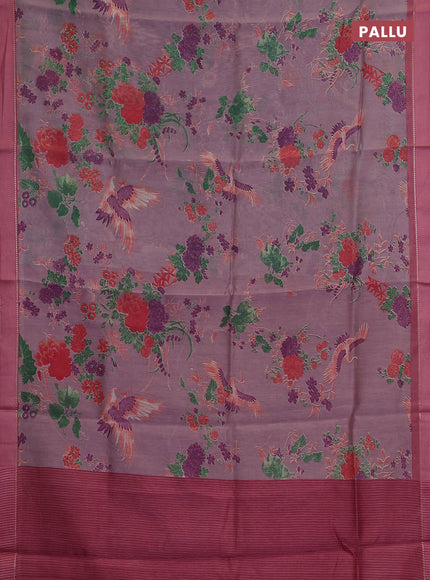 Chanderi silk cotton saree lavender shade and pink with allover floral prints and woven border