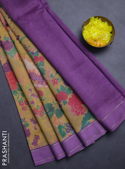 Chanderi silk cotton saree mustard and lavender shade with allover floral prints and woven border