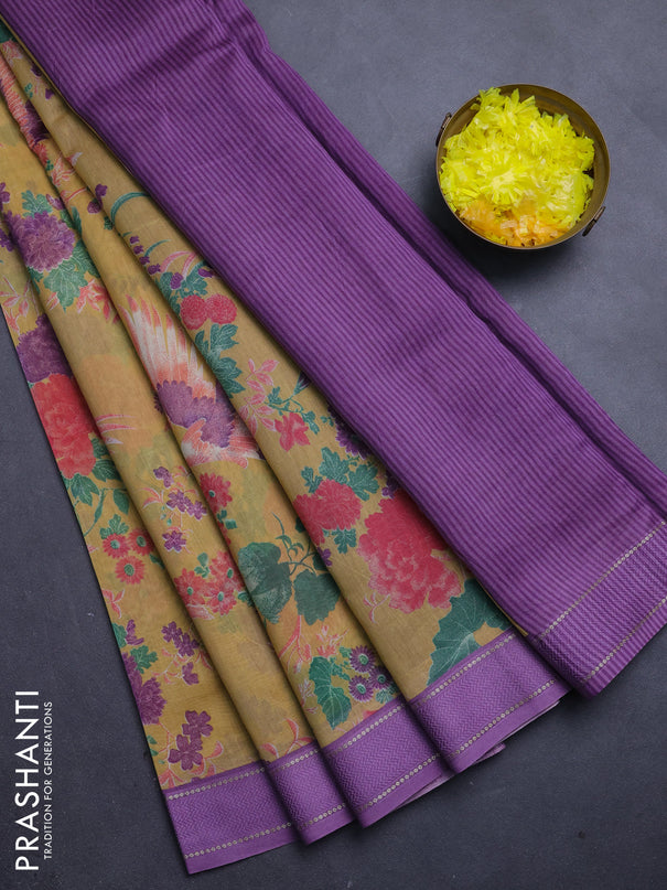 Chanderi silk cotton saree mustard and lavender shade with allover floral prints and woven border