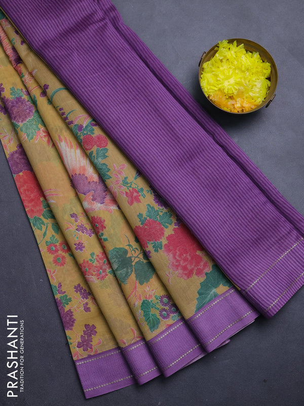 Chanderi silk cotton saree mustard and lavender shade with allover floral prints and woven border