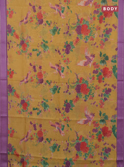 Chanderi silk cotton saree mustard and lavender shade with allover floral prints and woven border