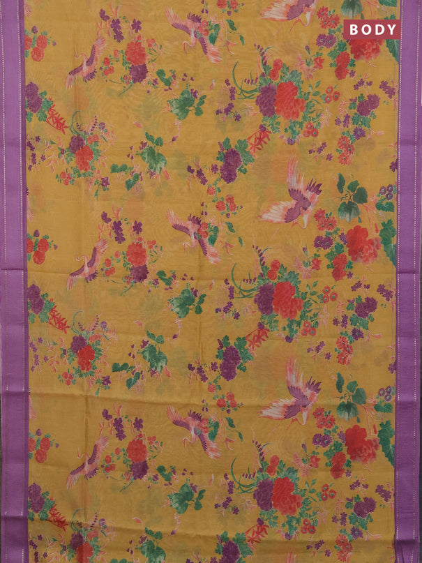 Chanderi silk cotton saree mustard and lavender shade with allover floral prints and woven border