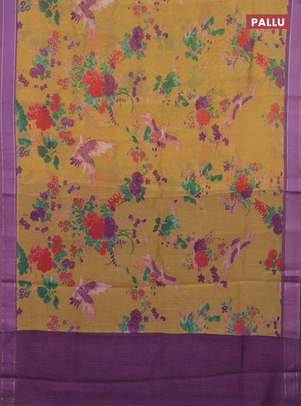 Chanderi silk cotton saree mustard and lavender shade with allover floral prints and woven border