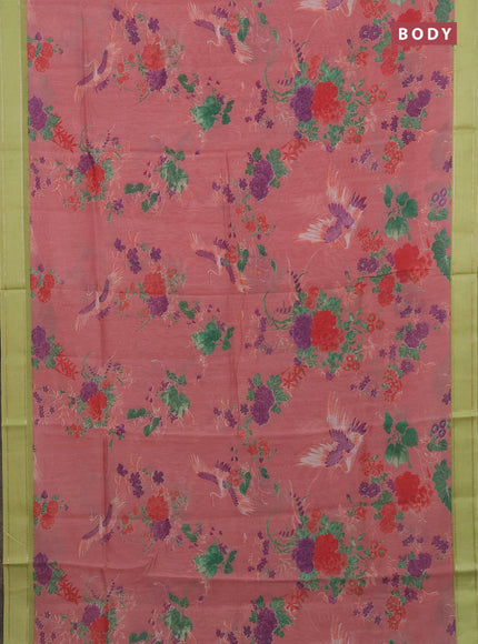 Chanderi silk cotton saree mild peach and light green with allover floral prints and woven border