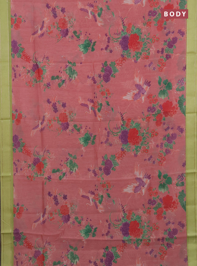 Chanderi silk cotton saree mild peach and light green with allover floral prints and woven border