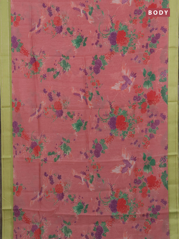 Chanderi silk cotton saree mild peach and light green with allover floral prints and woven border