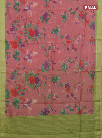 Chanderi silk cotton saree mild peach and light green with allover floral prints and woven border
