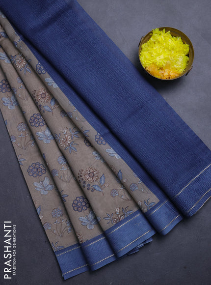 Chanderi silk cotton saree pastel grey and blue with allover floral prints and woven border