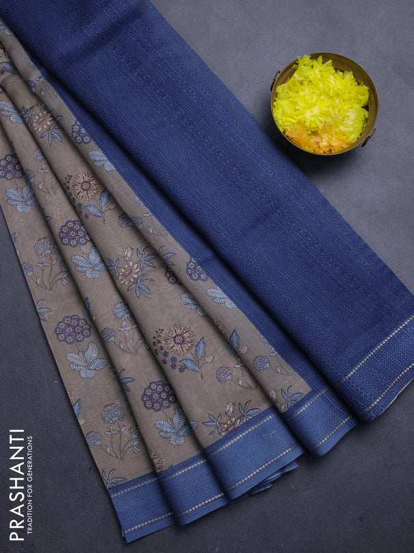 Chanderi silk cotton saree pastel grey and blue with allover floral prints and woven border