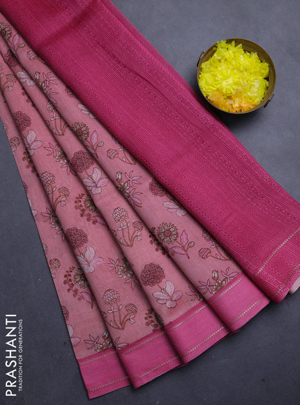 Chanderi silk cotton saree peach and pink with allover floral prints and woven border