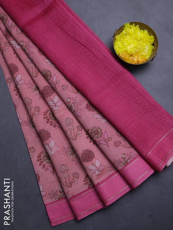 Chanderi silk cotton saree peach and pink with allover floral prints and woven border