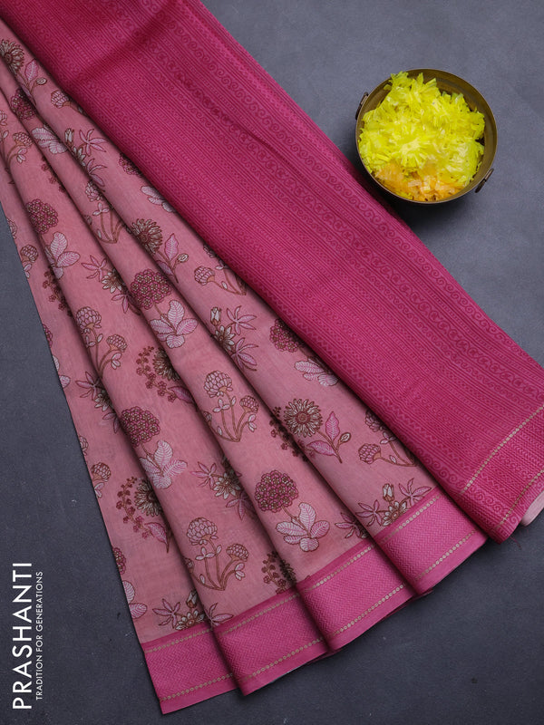 Chanderi silk cotton saree peach and pink with allover floral prints and woven border