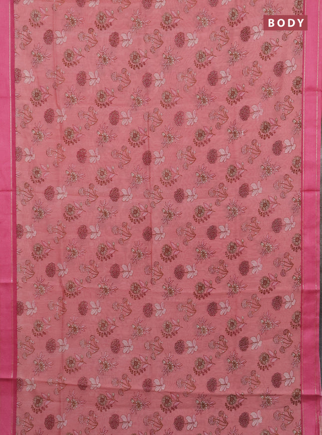 Chanderi silk cotton saree peach and pink with allover floral prints and woven border