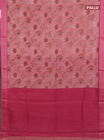 Chanderi silk cotton saree peach and pink with allover floral prints and woven border