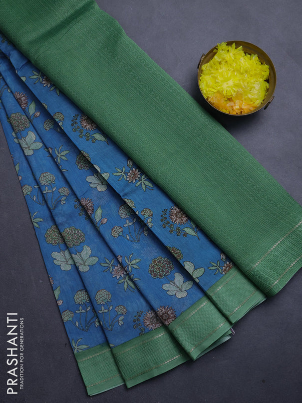 Chanderi silk cotton saree blue shade and green with allover floral prints and woven border