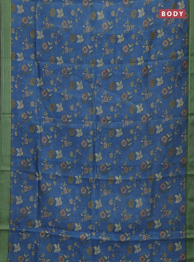 Chanderi silk cotton saree blue shade and green with allover floral prints and woven border