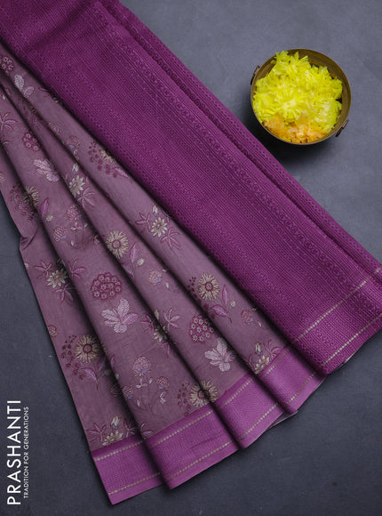 Chanderi silk cotton saree rosy brown and lavender shade with allover floral prints and woven border