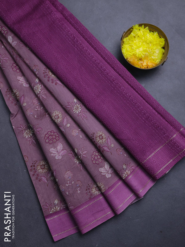 Chanderi silk cotton saree rosy brown and lavender shade with allover floral prints and woven border