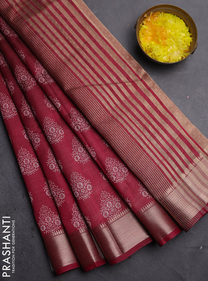 Semi raw silk saree maroon with allover butta prints and zari woven border