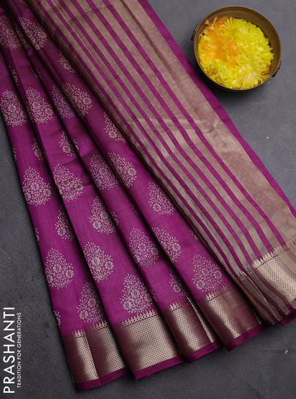 Semi raw silk saree deep purple with allover butta prints and zari woven border