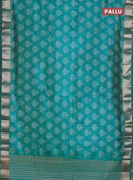 Semi raw silk saree teal blue with allover butta prints and zari woven border