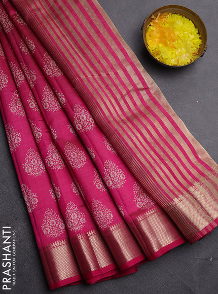 Semi raw silk saree dark pink with allover butta prints and zari woven border