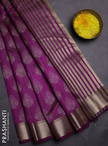 Semi raw silk saree deep purple with allover butta prints and zari woven border