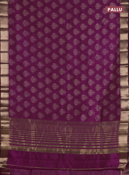 Semi raw silk saree deep purple with allover butta prints and zari woven border