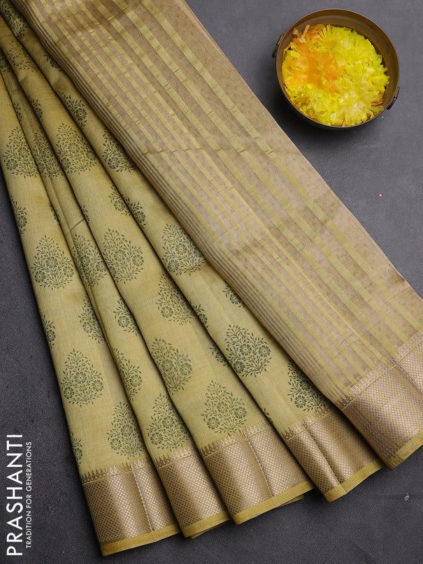 Semi raw silk saree mustard shade with allover butta prints and zari woven border