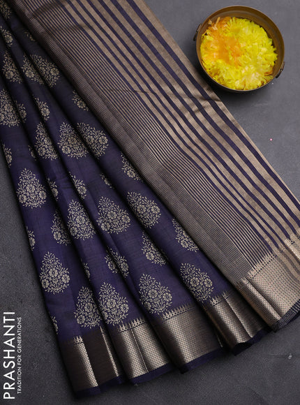 Semi raw silk saree navy blue with allover butta prints and zari woven border