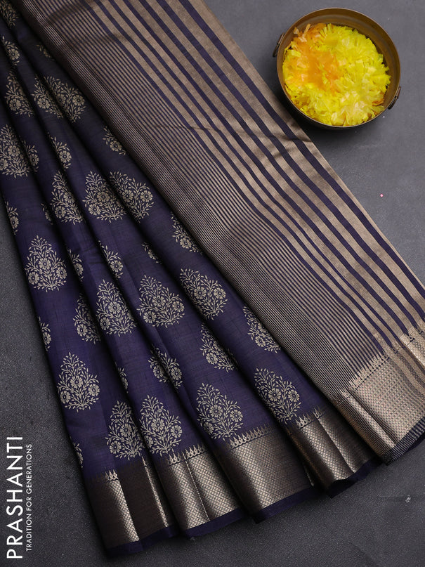 Semi raw silk saree navy blue with allover butta prints and zari woven border