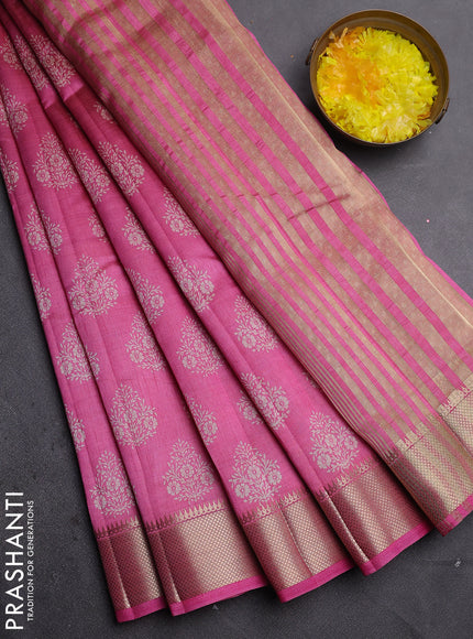 Semi raw silk saree pink with allover butta prints and zari woven border
