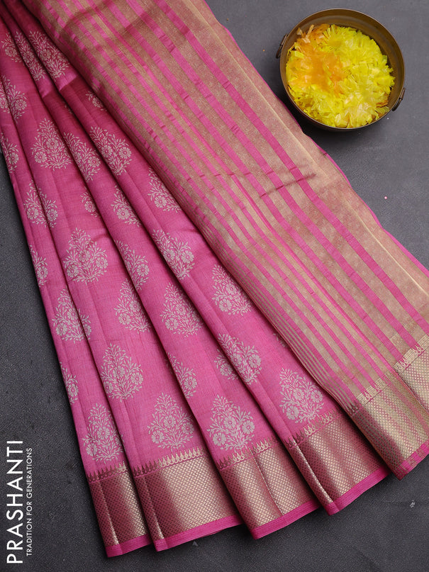 Semi raw silk saree pink with allover butta prints and zari woven border