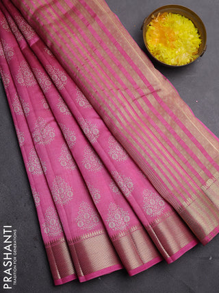 Semi raw silk saree pink with allover butta prints and zari woven border