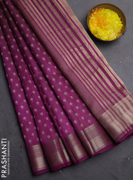 Semi raw silk saree deep purple with allover butta prints and zari woven border