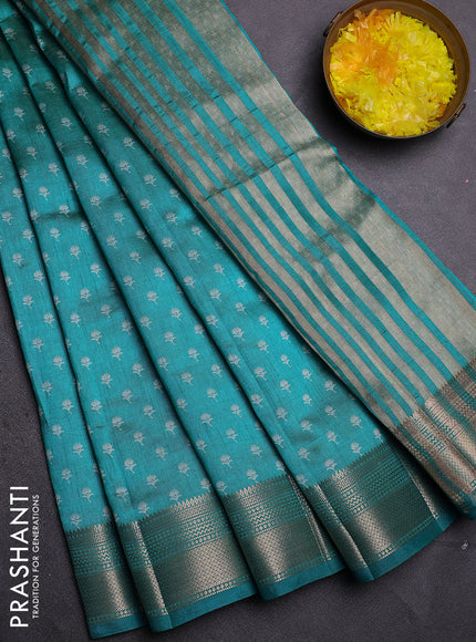 Semi raw silk saree teal blue with allover butta prints and zari woven border