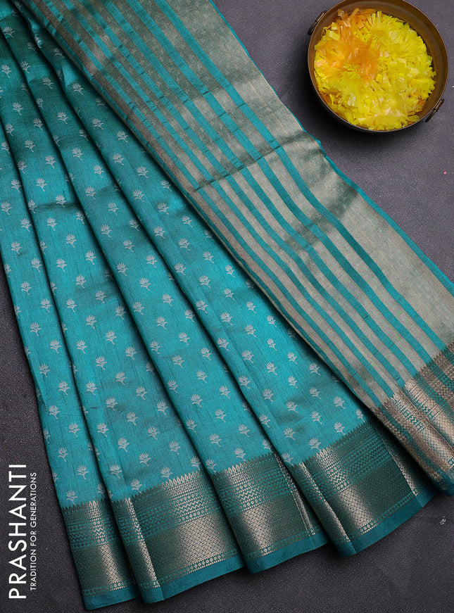 Semi raw silk saree teal blue with allover butta prints and zari woven border