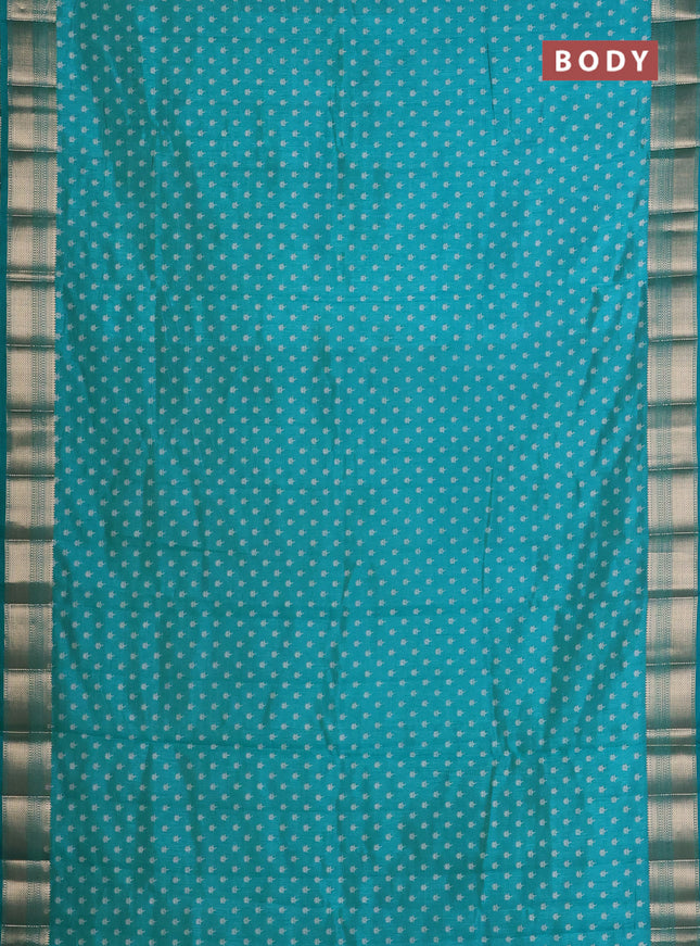 Semi raw silk saree teal blue with allover butta prints and zari woven border