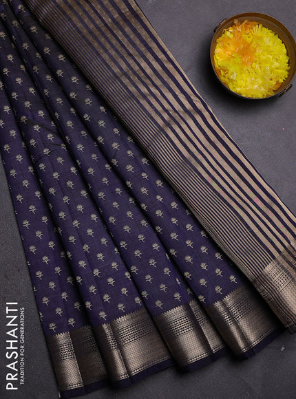 Semi raw silk saree navy blue with allover butta prints and zari woven border