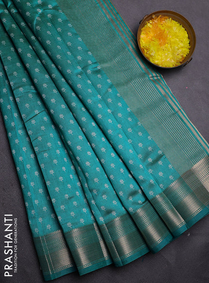 Semi raw silk saree teal blue with allover butta prints and zari woven border