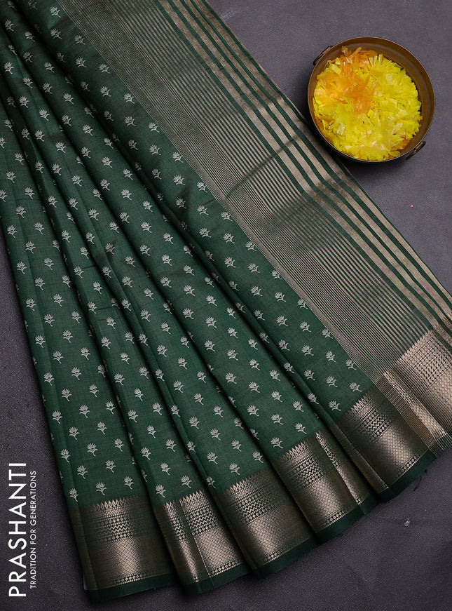 Semi raw silk saree bottle green with allover butta prints and zari woven border