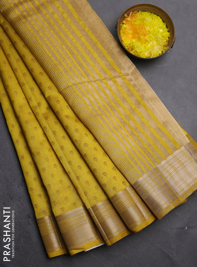 Semi raw silk saree mustard yellow with allover butta prints and zari woven border