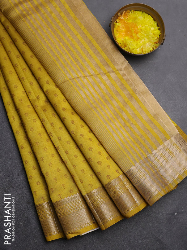 Semi raw silk saree mustard yellow with allover butta prints and zari woven border
