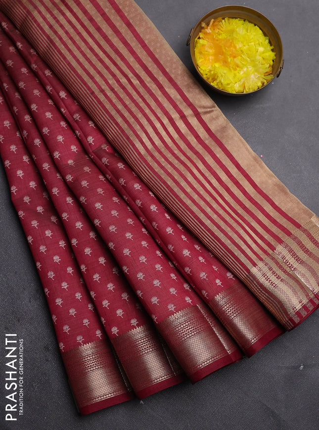 Semi raw silk saree maroon with allover butta prints and zari woven border