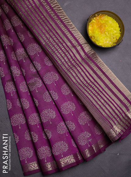 Semi raw silk saree deep purple with allover butta prints and zari woven border