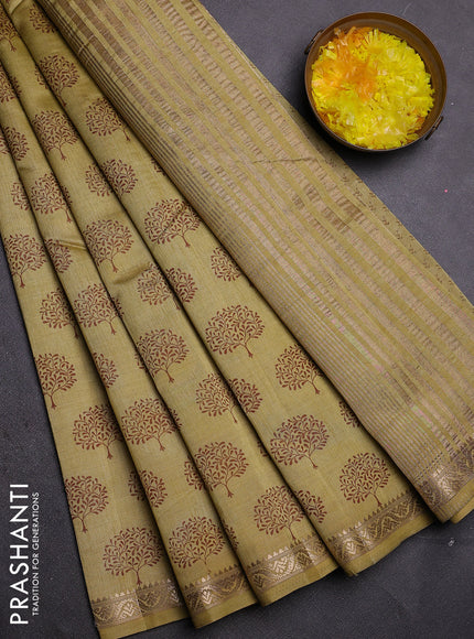 Semi raw silk saree mustard shade with allover butta prints and zari woven border