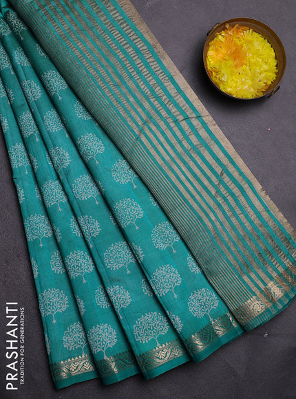 Semi raw silk saree teal blue with allover butta prints and zari woven border