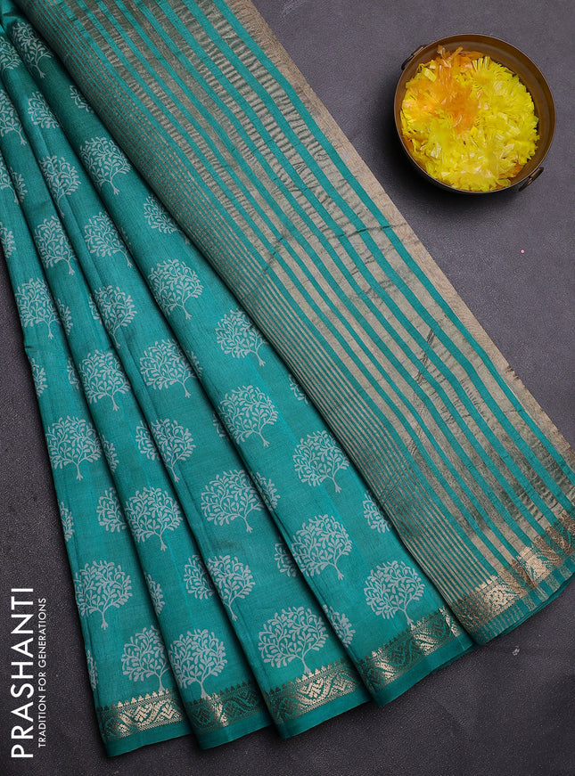 Semi raw silk saree teal blue with allover butta prints and zari woven border