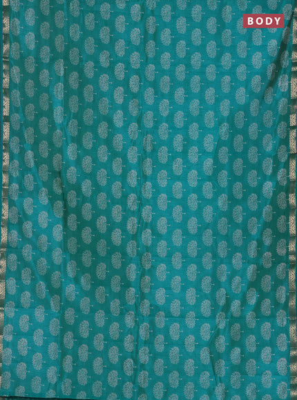 Semi raw silk saree teal blue with allover butta prints and zari woven border